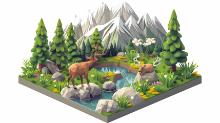 Vibrant Wildlife in Spring: Alpine Meadow Isometric Flat Design Icons with Lively Interactions Captured in Ecosystem Concept