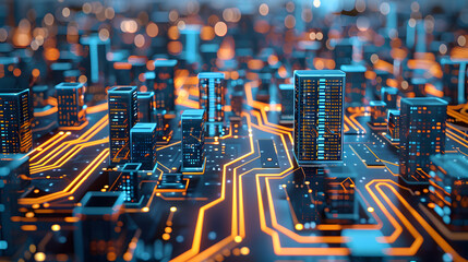 futuristic city with circuit board and microchips