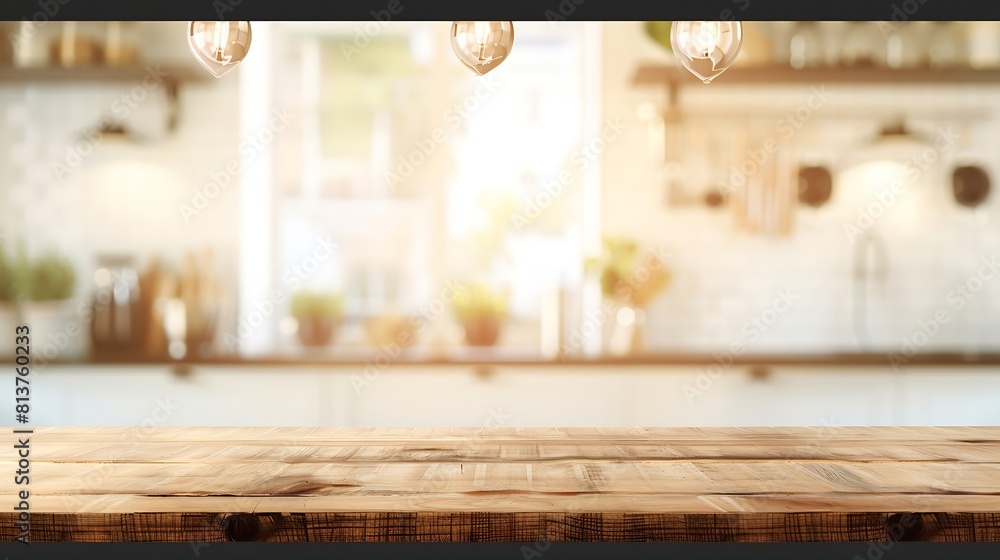 Poster empty beautiful wood table top counter and blur bokeh modern kitchen interior background in clean an