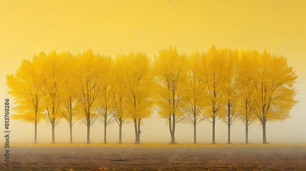 Poster a group of yellow-leafed trees in a hazy field with a yellow sky as a backdrop and a yellow sky in t