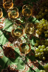 Naklejka premium vibrant and dynamic composition featuring various glasses of white wine and green grapes, against the backdrop of an patterned tablecloth in shades of green and crimson
