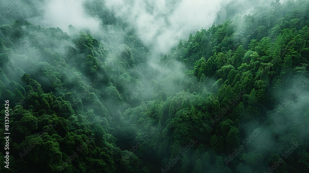 Poster a dense green forest is obscured by a heavy fog layer, with low-lying clouds adding to the gloomines