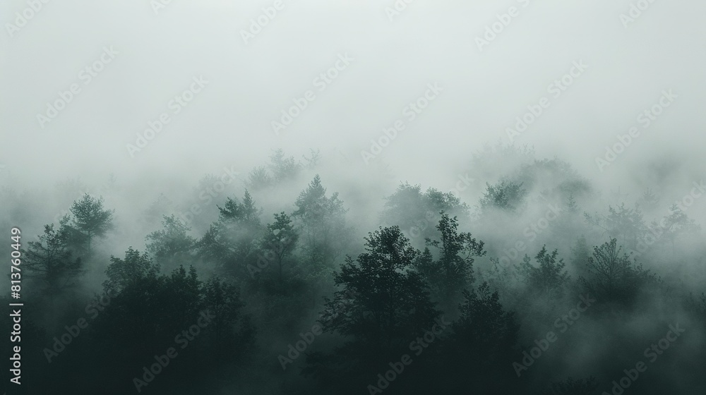 Poster a photo of a forest shrouded in fog, featuring trees in the foreground and hazy scenery behind