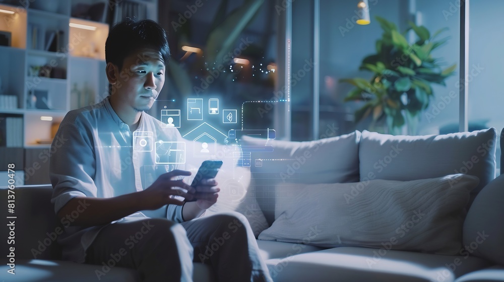 Leinwandbilder asian man sitting on sofa and using smart home control app on mobile phone with augmented reality vi
