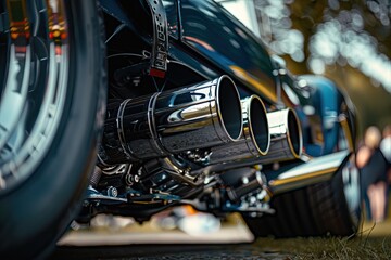 A black car with a shiny chrome exhaust pipe