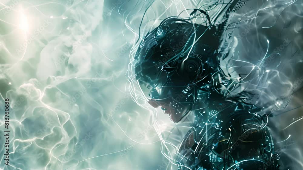 Poster A person wearing futuristic attire exploring a high-tech environment filled with holographic displays and advanced technology.