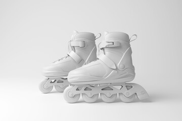White rollerblade inline skates on white background in monochrome and minimalism. Illustration of the concept of roller skating, sports and product mockup
