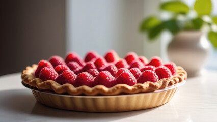 Food photography of raspberry pie on white table, homemade vitamin cake with fresh berries, close-up, soft focus, cinematic style