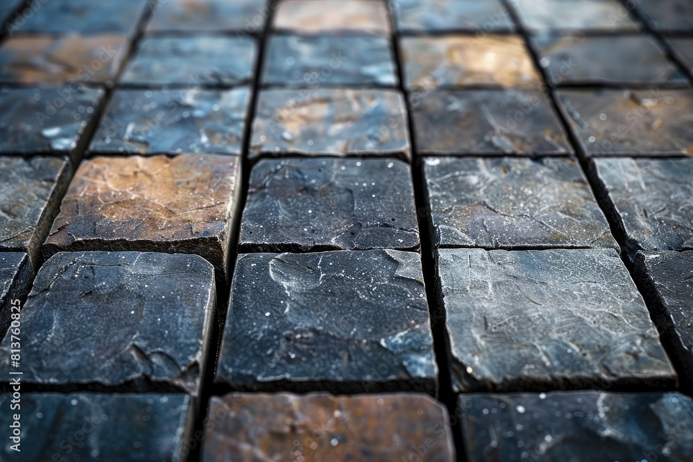 Poster a close up of a brick sidewalk with a blue and brown color scheme. the bricks are arranged in a grid