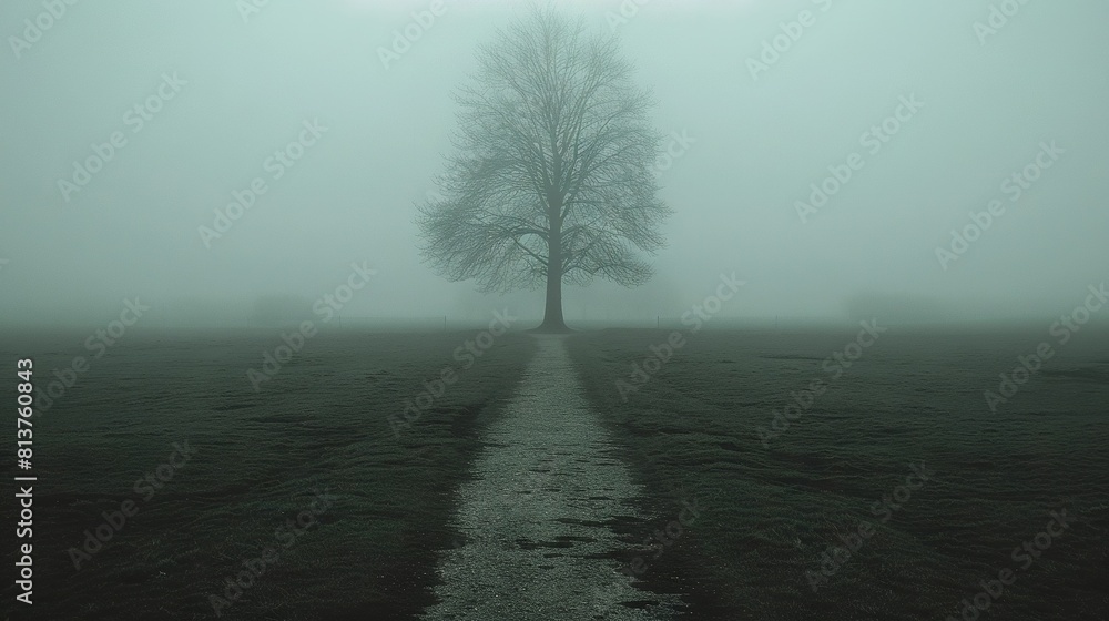 Poster a single tree stands amidst a field shrouded in fog, with a path winding towards it