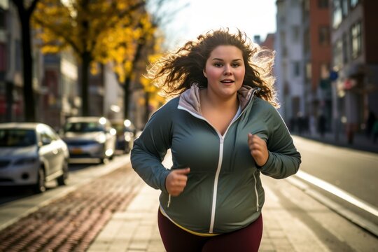 Empowered plus size woman running outdoors with a smile, promoting fitness and well-being - Powered by Adobe