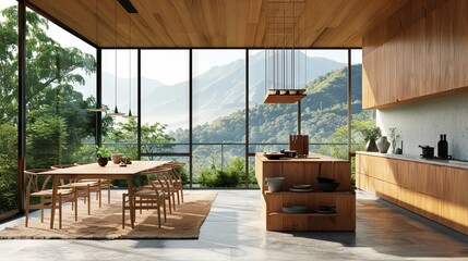 Modern kitchen interior design with wooden furniture and dining area, large windows with mountain view, on a daylight backdrop