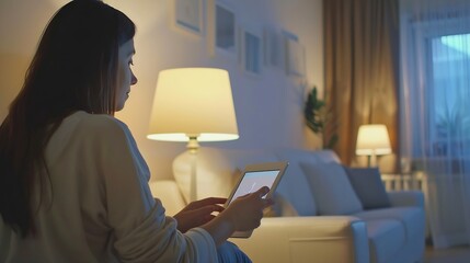 Woman controlling smart home devices using a digital tablet with launched application in the white living room Smart home concept : Generative AI