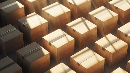 Multiple cardboard boxes stacked in a pattern with sunlight shadows, representing the concept of delivery and storage,