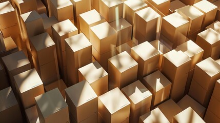 Multiple cardboard boxes stacked in a pattern with sunlight shadows, representing the concept of delivery and storage,