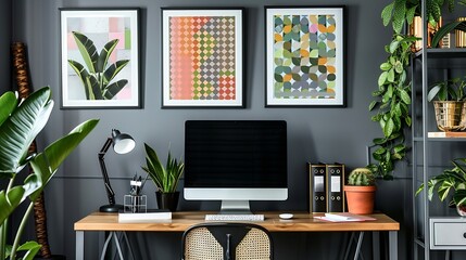 Patterned posters above desk with computer monitor in grey home office interior with plants : Generative AI