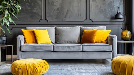 A gray sofa with yellow pillows and an ottoman in front of it set against the wall. 