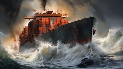 A cargo ship sailing through rough seas