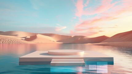 Product display on surreal desert background. Podium showcase on sand dunes, water lake. 