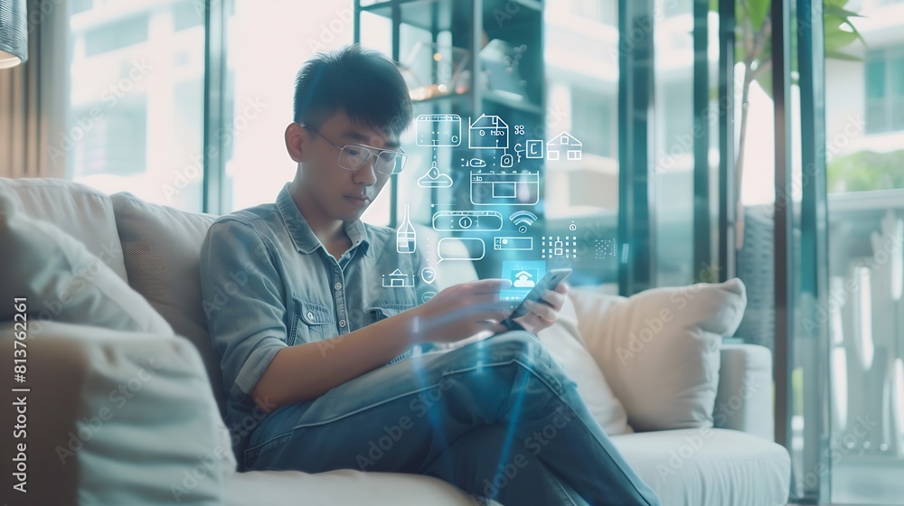 Leinwandbilder asian man sitting on sofa and using smart home control app on mobile phone with augmented reality view of IOT connected objects in apartment : Generative AI