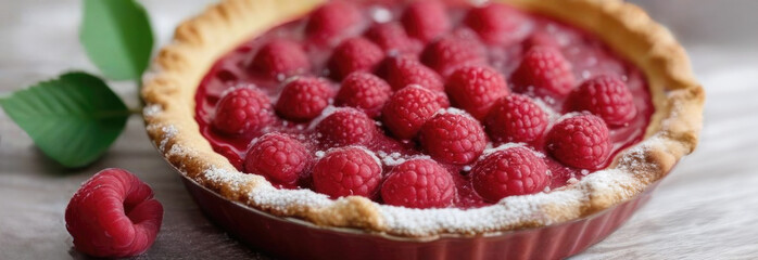 Food photography of raspberry pie on white table, homemade vitamin cake with fresh berries, close-up, soft focus, cinematic style, banner, macro