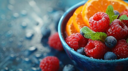   Raspberries, Oranges, and Mints in Blue and Silver Background with Water Droplets