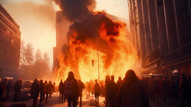 Scene of explosions in the city, People running away, escaping, shocked, traffic jams, Disaster, end of the world, The background is a building that caught fire	