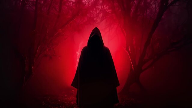 Woman wizards a red hodded cloak casting black magic spells in a misty old and evil, set on a magic space background smokey	