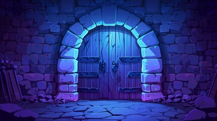 The interior of a medieval castle at night with moonlight falling on the wood arched door and the shadow of a barred window on the stone wall. This is a cartoon modern illustration of an entry in an