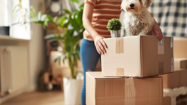 Two boxes in hands Young couple with dog are moving to new home : Generative AI