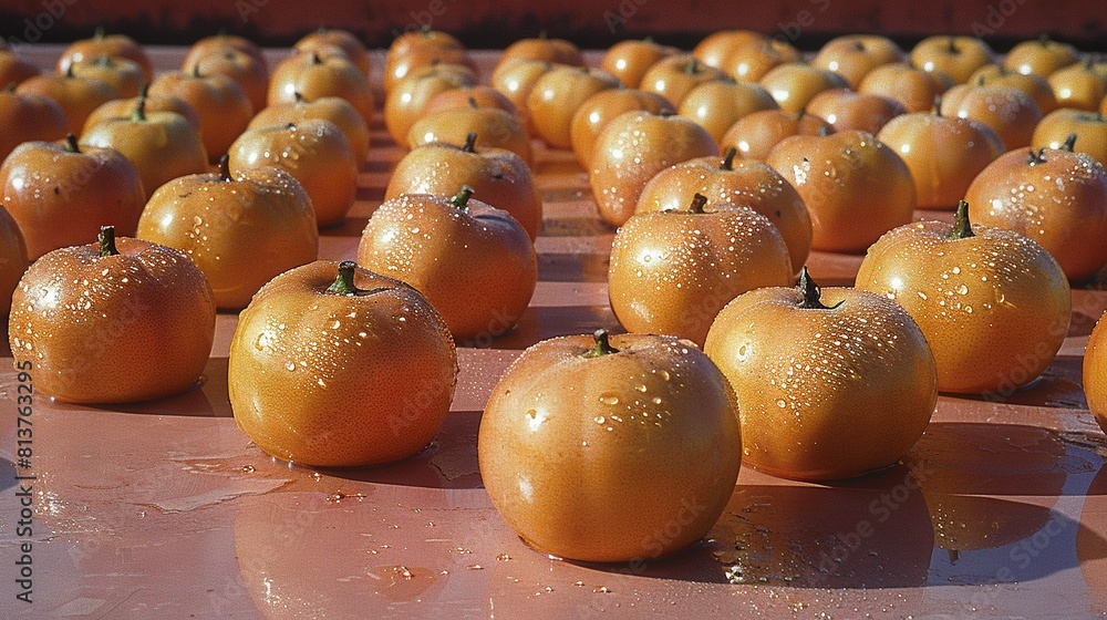 Poster a group of oranges resting atop a table with water droplets on their outermost surfaces