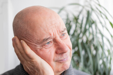 caucasian mature man holding painful ear close up, hearing loss, Ear Discomfort, Hearing Test,...