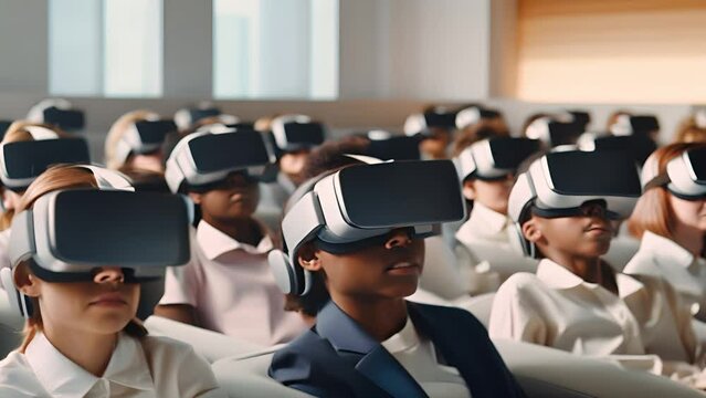 Multicultural schoolchildren using virtual reality headsets. School children wearing VR virtual reality headsets in a classroom. Education and technology	 - Powered by Adobe