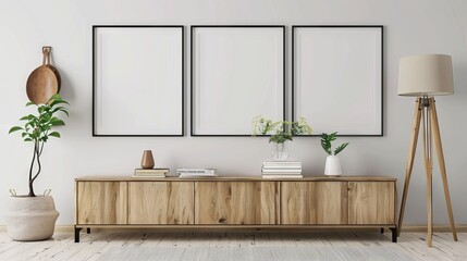 Three mock up posters frame on wall in modern interior background, living room. 