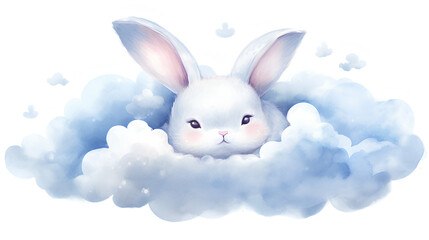 Cute white watercolor rabbit on a cloud. Charming bunny in the sky.
