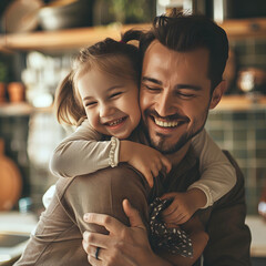 Father and daughter hug in their home. Family, smile and safety. Happy young man embracing his adorable child.