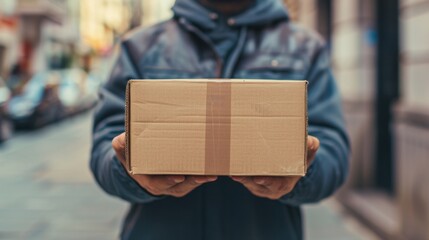 A person in a jacket holding out a cardboard box towards the camera on a blurred urban street...