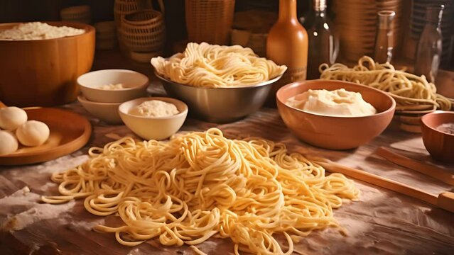 Homemade raw noodles. Ingredients to delicious. Handmade noodles and ingredients	
