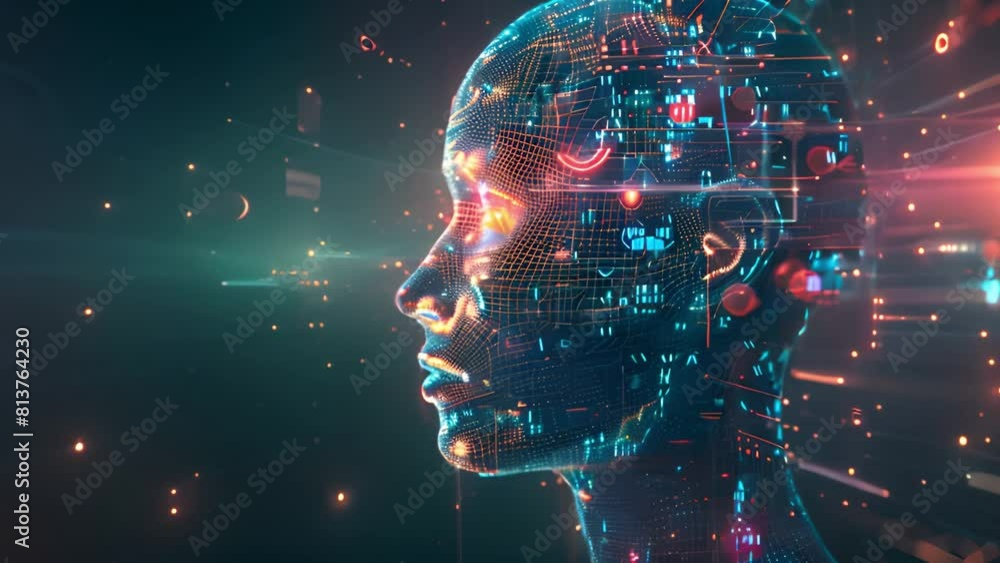 Poster A graphic visualisation of a human head overlaid with digital data and network symbols indicating artificial intelligence.