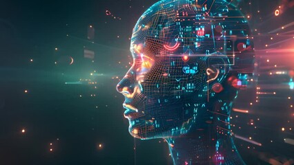 A graphic visualisation of a human head overlaid with digital data and network symbols indicating artificial intelligence. - Powered by Adobe