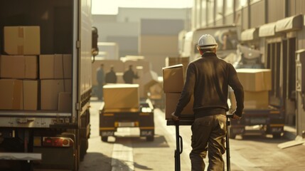 A worker maneuvers a hand truck stacked with boxes in an alley, surrounded by delivery trucks and more parcels, suggesting a busy urban logistics operation.