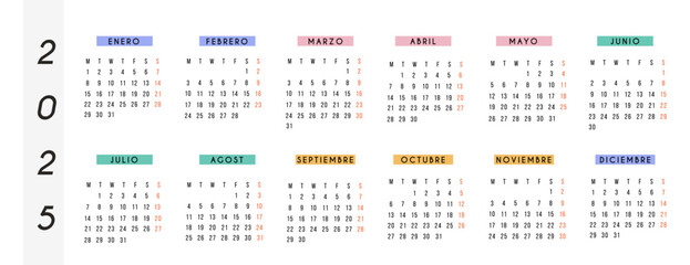 Spanish calendar 2025 year. Vector stationery horizontal calendar week starts Monday. Yearly organizer. Simple calendar template in minimalist design. Business illustration.