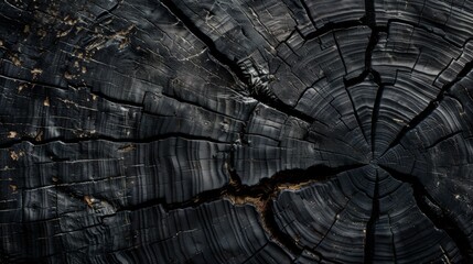 Burnt wood texture. Black charcoal background. Dark surface of firewood. Charred tree trunk.