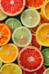Fototapeta premium citrus fruit on the table, lemon, lime, orange, grapefruit top down