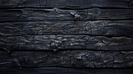 Burnt black wood texture. Charred charcoal. A wall made of damaged, scorched boards. Grunge template for design.