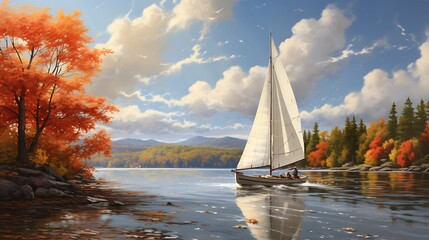 A classic sailboat gliding across a lake