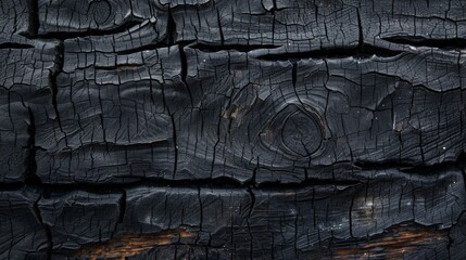 Burnt wood texture. Black charcoal background. The fire damaged the wooden boards.