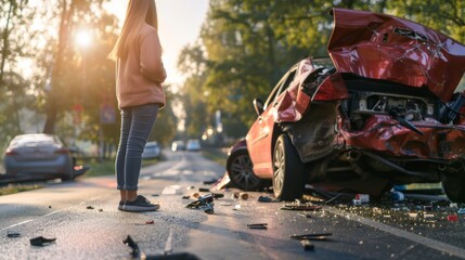 A person standing by a severely damaged car after an accident, with debris on the road and another car passing by in the background.