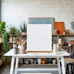 Empty painting canvas mockup in artistic environment