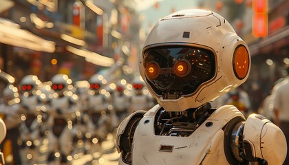 Fototapeta premium AI Helpdesk Heroes, An army of friendly AI robots, each equipped with specialized tools, 